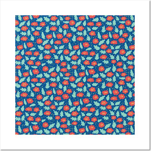 Ditsy Red Flowers on Blue Wall Art by Sandra Hutter Designs